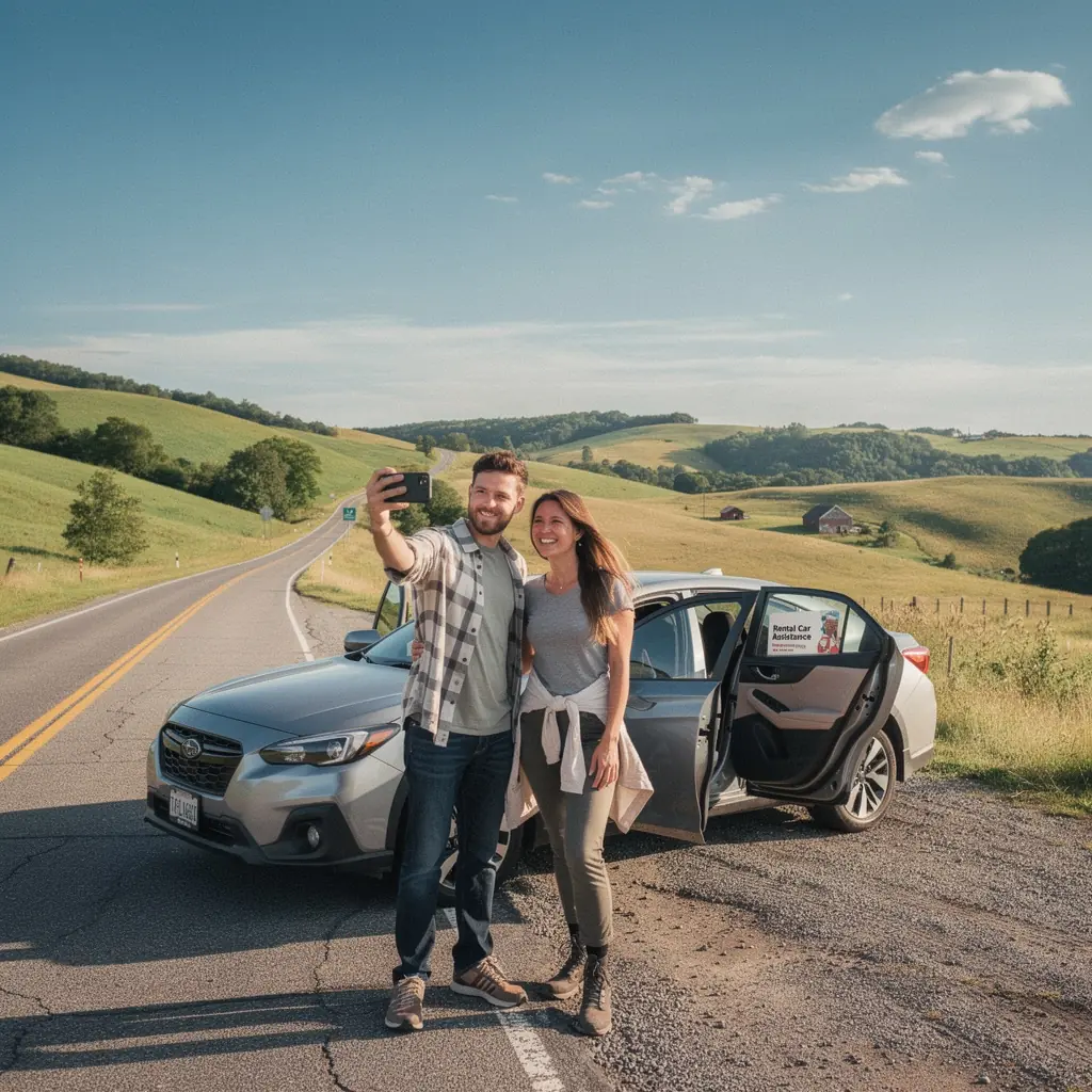 Графика, иллюстрирующая дорожную помощь и услуги аренды автомобиля.