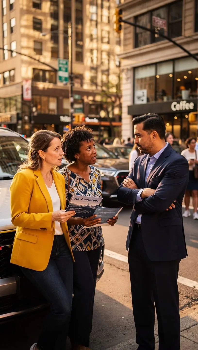 Изображение автомобиля на фоне дороги с символами страхования и защиты.