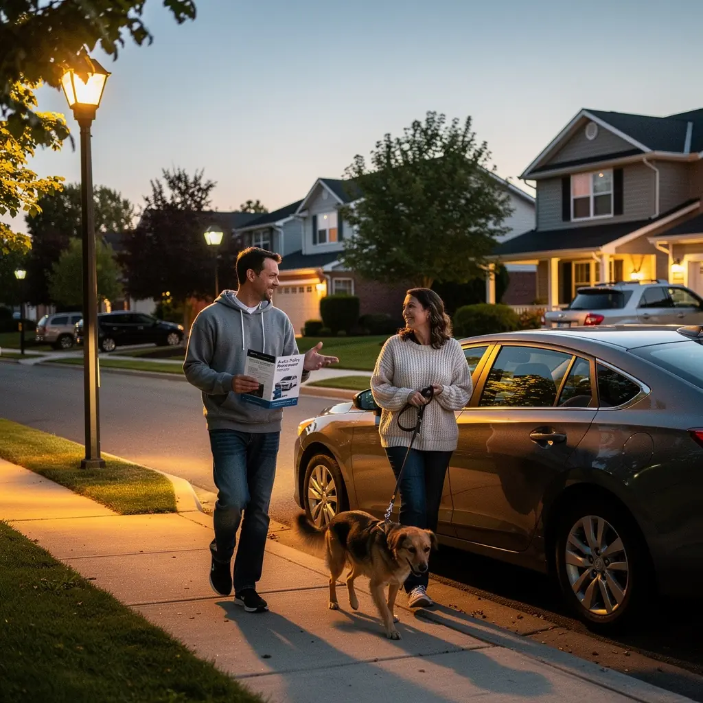 Изображение автомобиля, окруженного знаками дорожного движения, символизирующими защиту и безопасность на дороге.