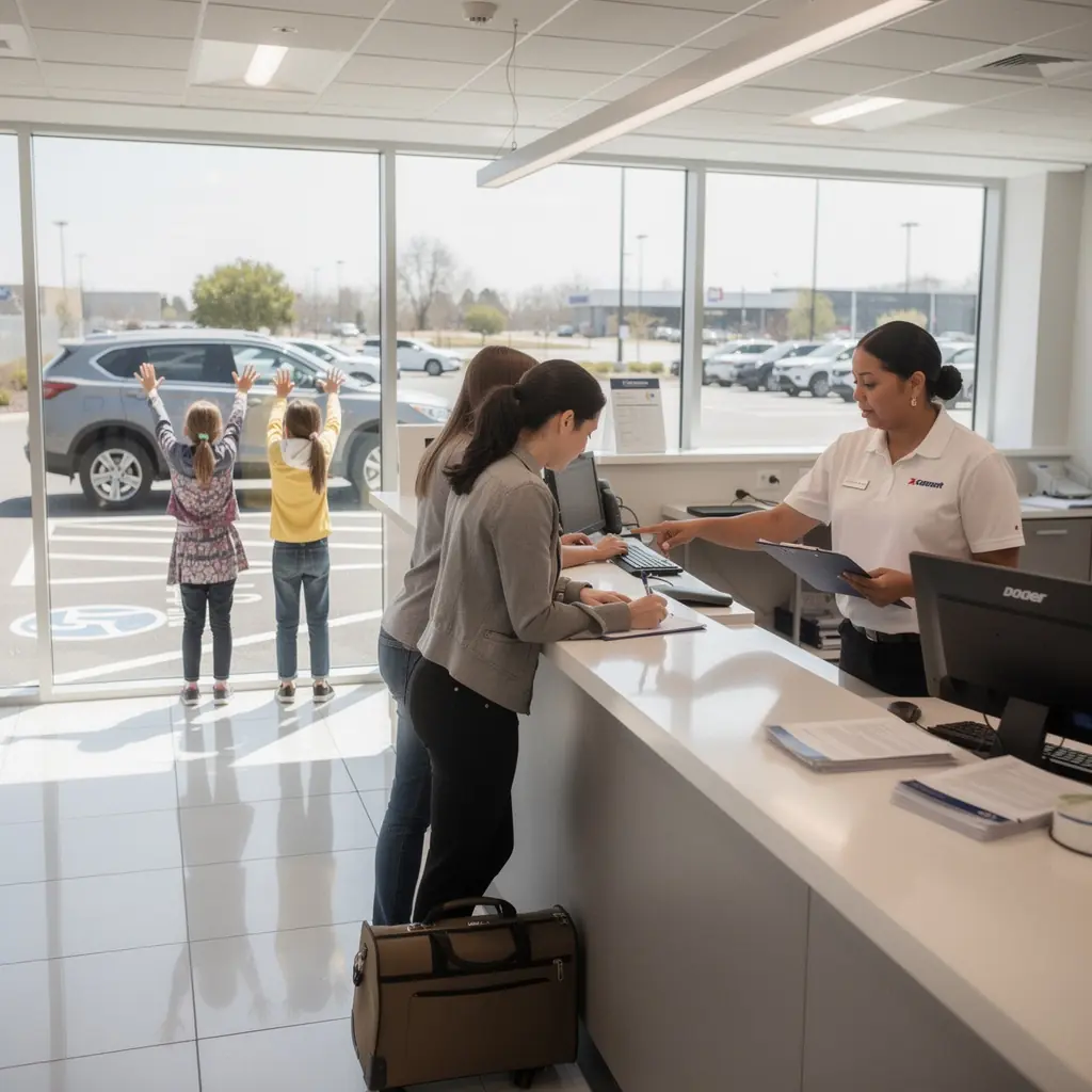 Пейзаж с автомобилем, окружённым зелёными деревьями, символизирующий защиту транспортных средств.
